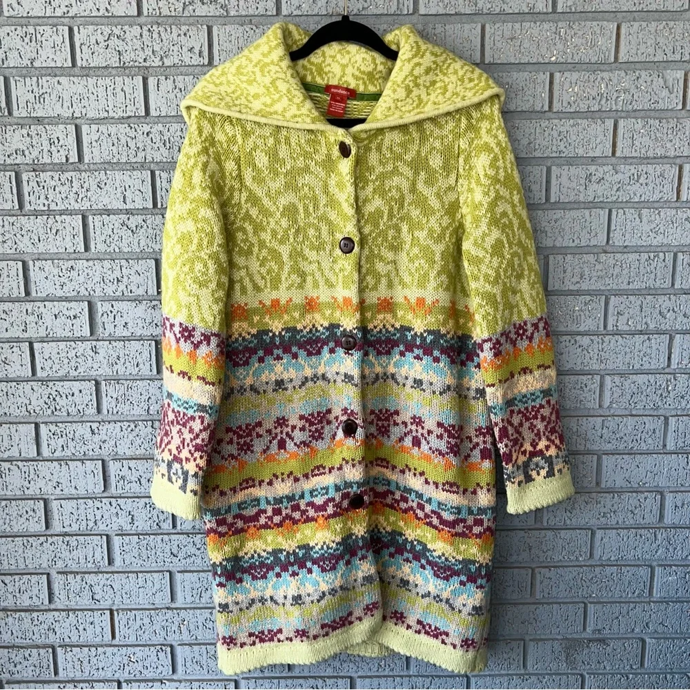 Sundance Fairisle Long Cardigan Knit Sweater Coat Lambswool Copenhagen Medium